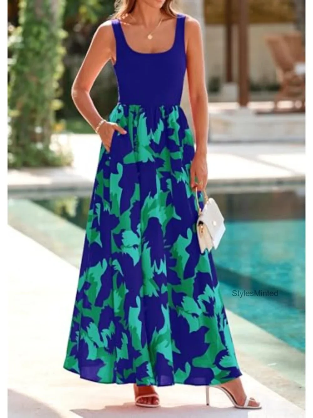 Women's Boho Floral Maxi Sundress Sleeveless Tank Dress with Pockets